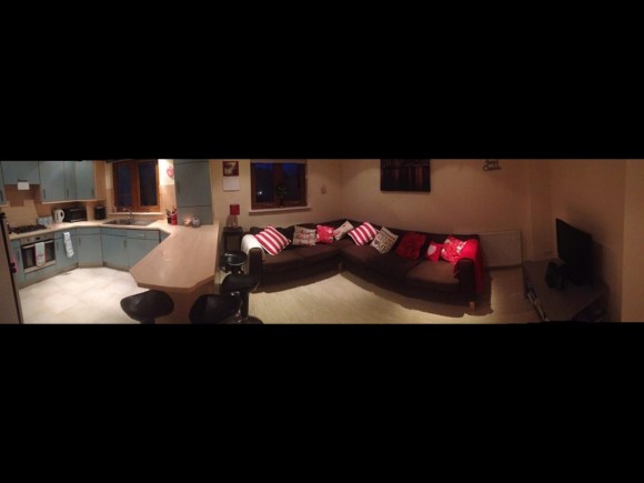 The living room/kitchen area (panoramic view)